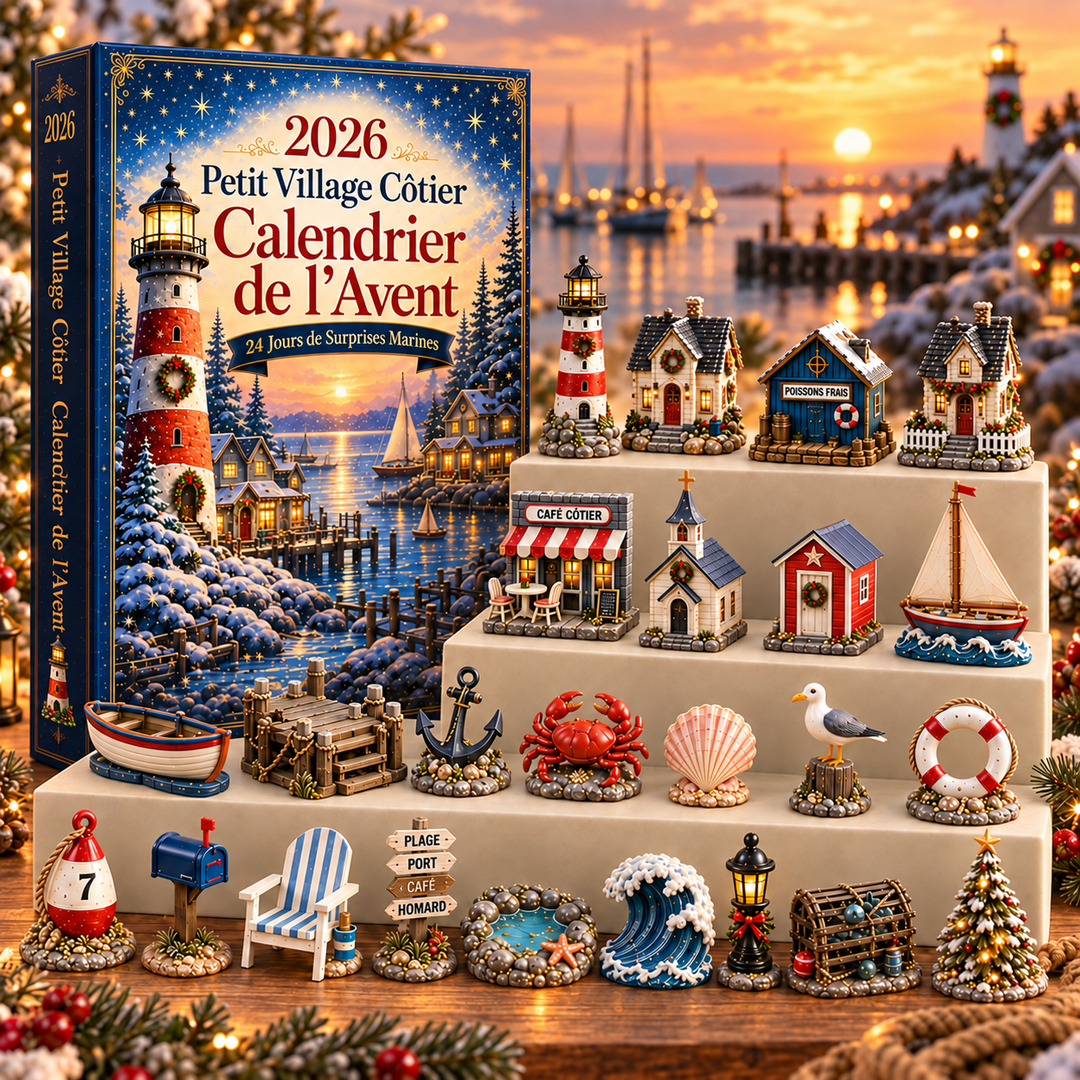 Calendrier de l'Avent thématique village côtier, idéal cadeau de Noël; 24 décorations miniatures pour un hiver festif.