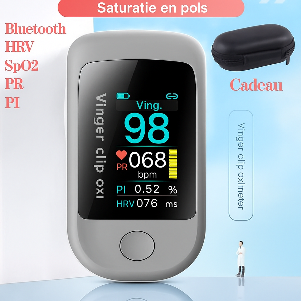 Oxymètre de pouls digital pour adulte, mesure SpO2 et fréquence cardiaque précise. Écran OLED, usage simple.
