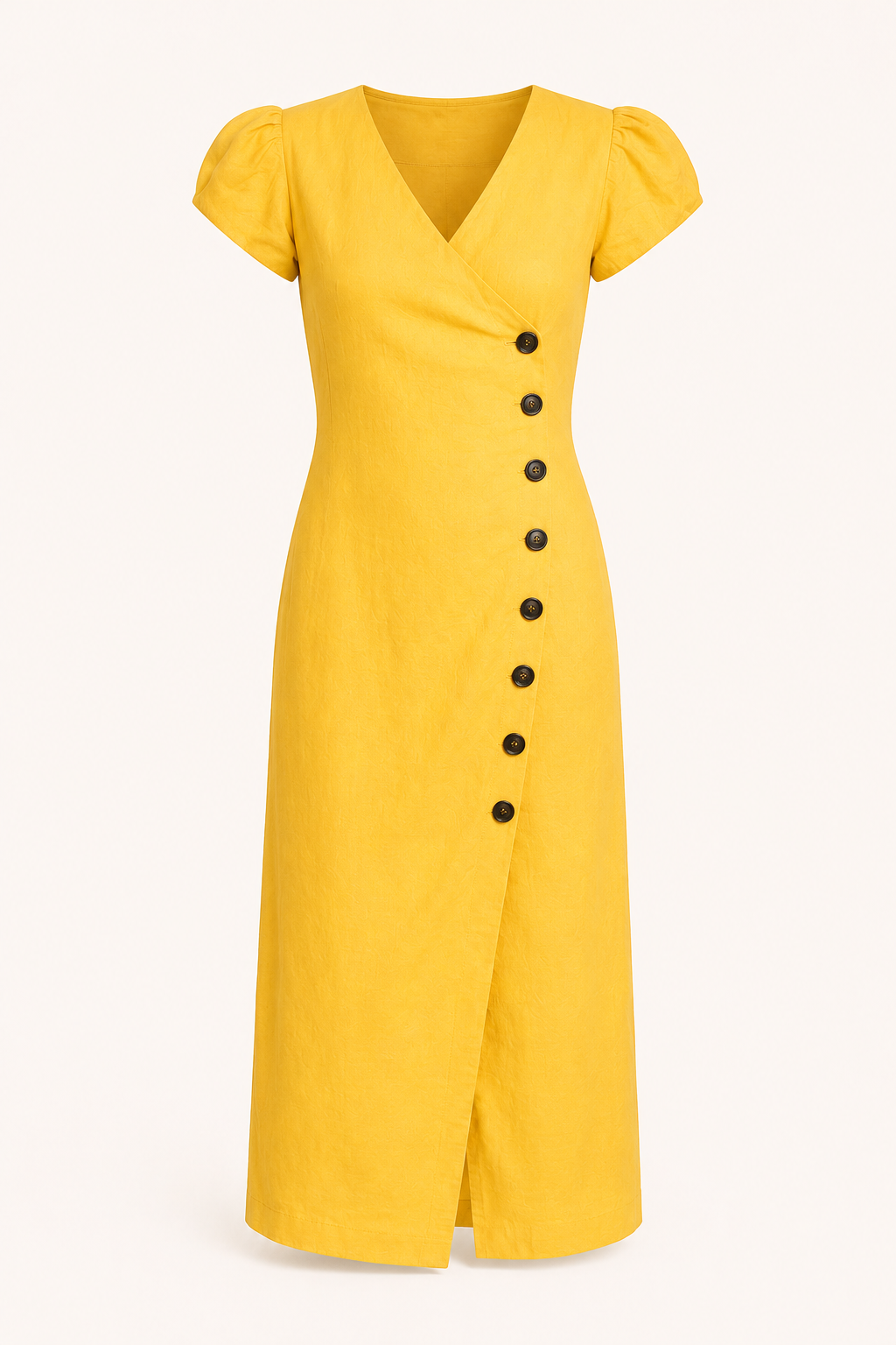 Robe midi femme élégante et polyvalente, encolure V, boutons latéraux. Idéale mode printemps-été.