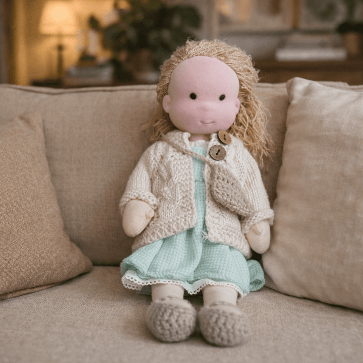 Poupée Waldorf en coton bio doux, jouet enfant naturel et sûr.