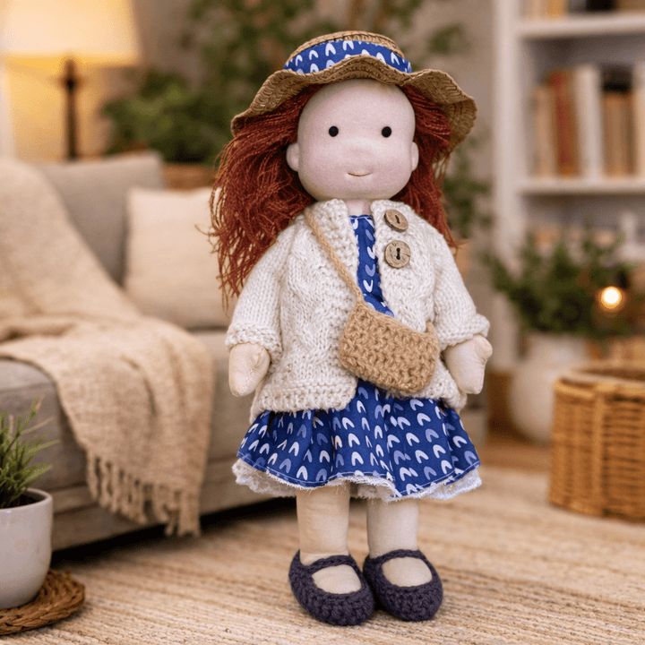 Poupée douce en coton, jouet Waldorf artisanal pour le confort des tout-petits.