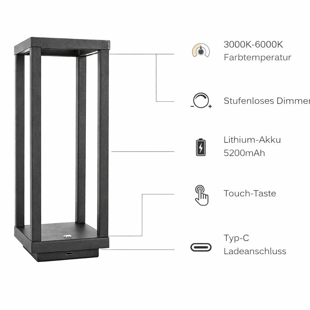 Lampe de terrasse LED sans fil tactile gris foncé, éclairage puissant et autonome pour soirées en plein air.