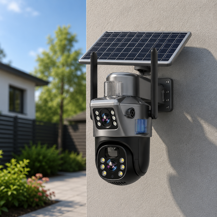 Caméra de sécurité solaire extérieure 4K PTZ sans fil pour surveillance de domicile et propriété.