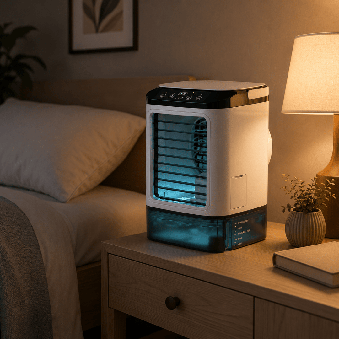 Ventilateur brumisateur portable USB compact, idéal pour un rafraîchissement instantané à la maison ou au bureau.