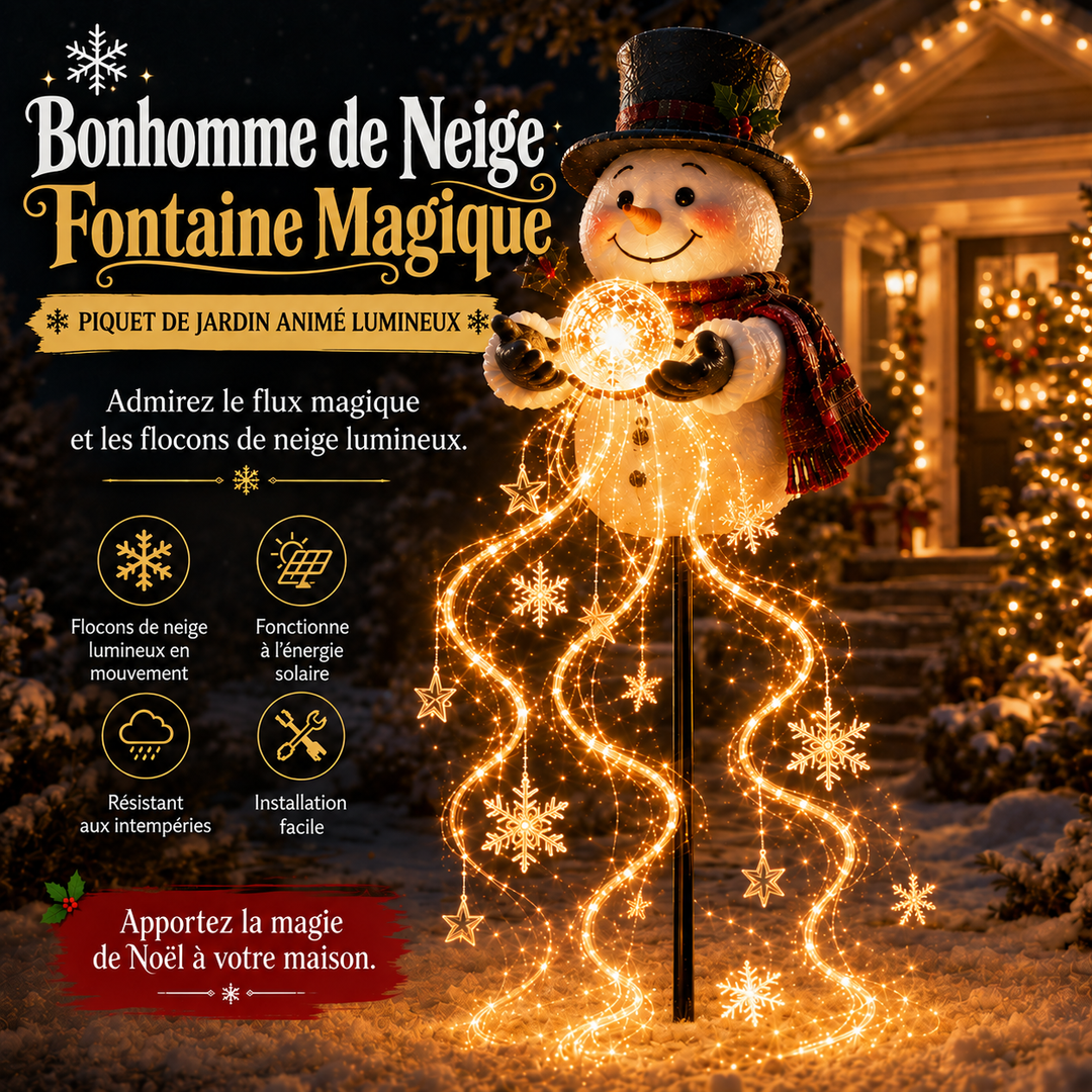Fontaine décorative bonhomme de neige lumineux. Ambiance de Noël magique et chaleureuse avec ses lumières vives.
