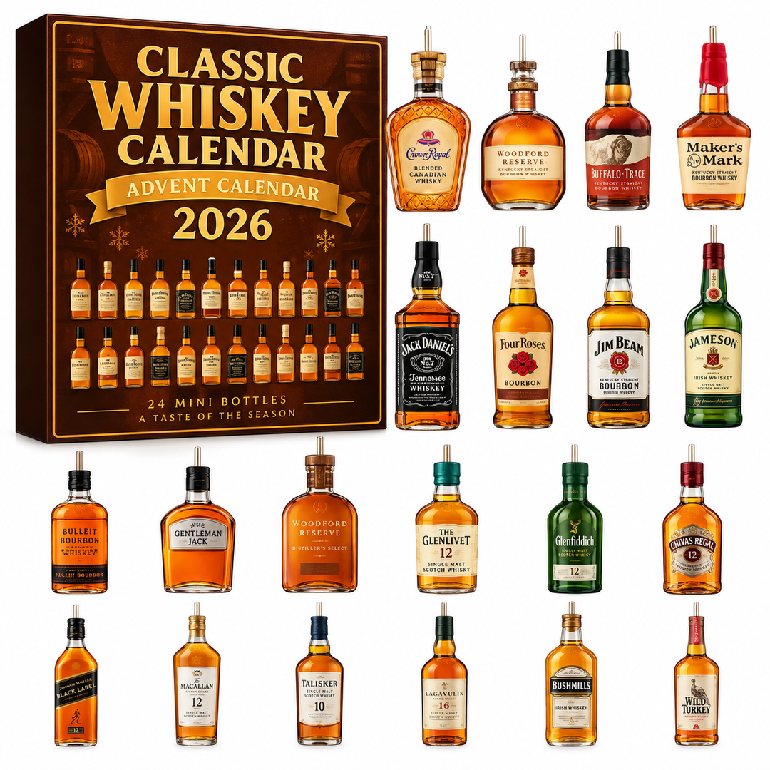 Présentation élégante du calendrier de l'Avent whisky 2026. Idéal pour décoration Noël et cadeau adulte.