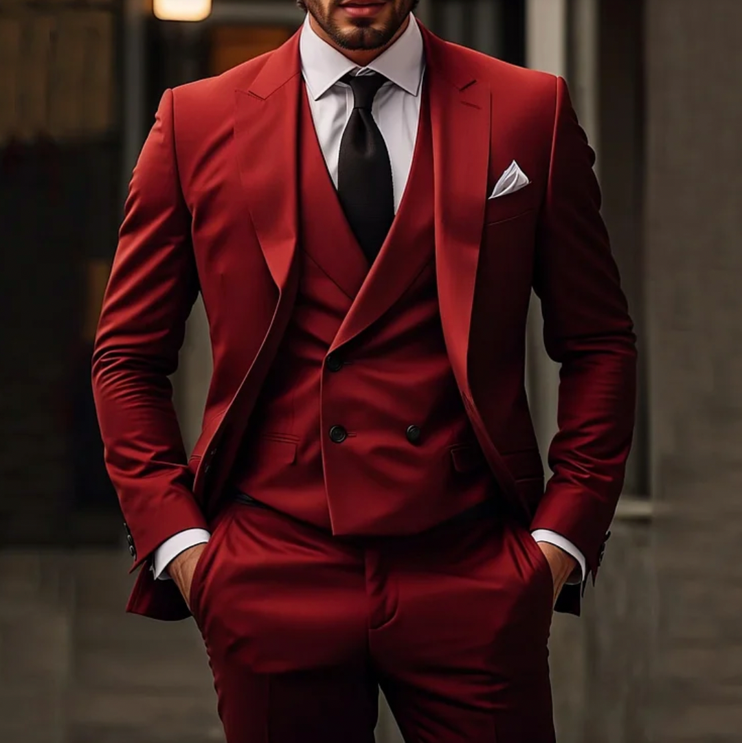 Costume homme slim fit 3 pièces polyvalent. Idéal pour business, mariage, cérémonie. Style moderne et élégant pour homme.