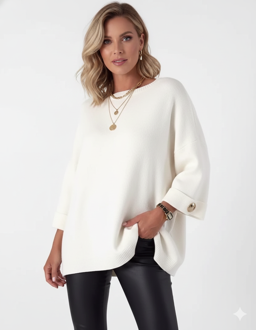Pull oversize femme élégant avec boutons dorés, coupe décontractée chic, parfait pour l'automne-hiver.