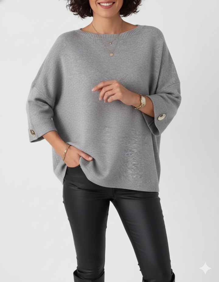 Chandail femme confortable à manches 3/4, style décontracté chic, idéal pour la mode féminine d'hiver.