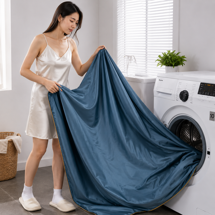 Confort estival avec la couette en soie glacée. Douce, légère et lavable en machine.
