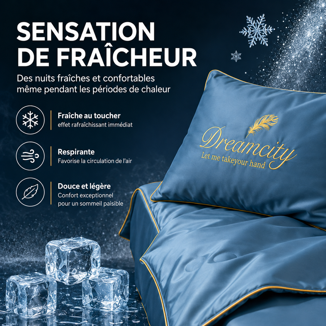 Chambre à coucher: couette en soie glacée lavable en machine, offrant un confort rafraîchissant.