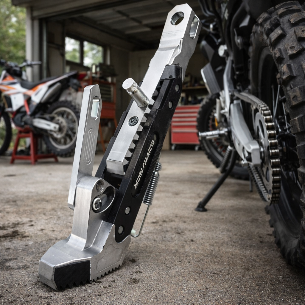 Accessoire moto essentiel : support de béquille latérale pour un stationnement stable en tout temps.