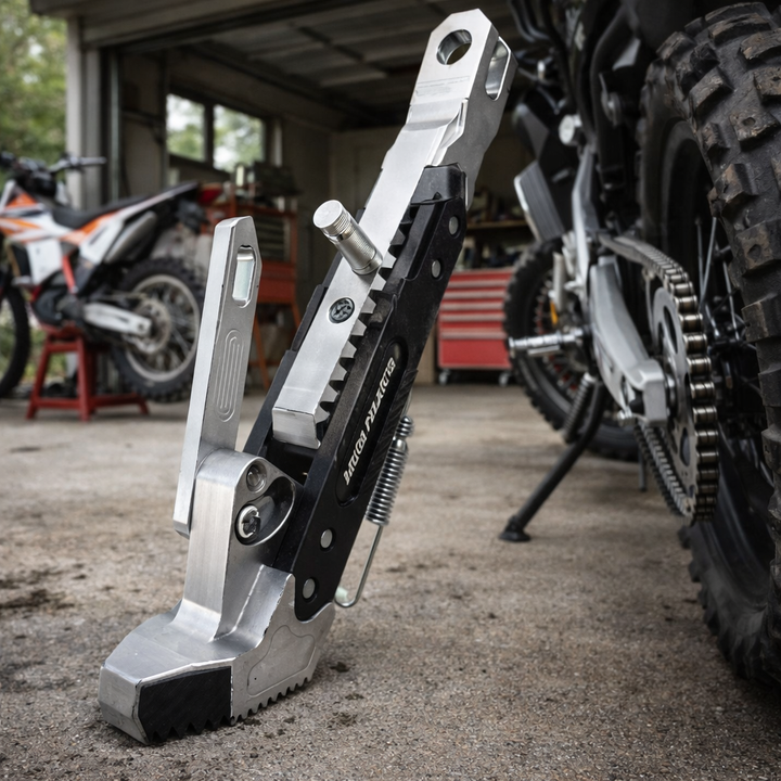 Accessoire moto essentiel : support de béquille latérale pour un stationnement stable en tout temps.