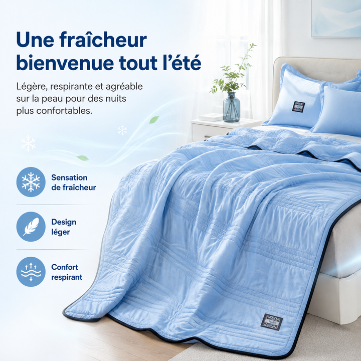 Couverture fraîche matelassée en bambou et coton, offrant légèreté et confort respirant pour l'été.