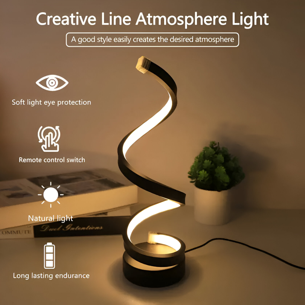 Lampe LED spirale noire avec réglage de lumière 3 couleurs, design moderne pour votre bureau.