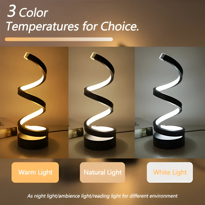 Design moderne : lampe de bureau LED spirale noire, éclairage réglable 3 couleurs, connexion USB.