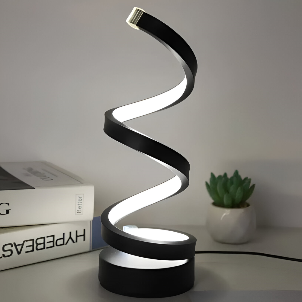 Lampe de bureau LED spirale noire, alimentation USB, lumière ajustable 3 couleurs, design élégant.