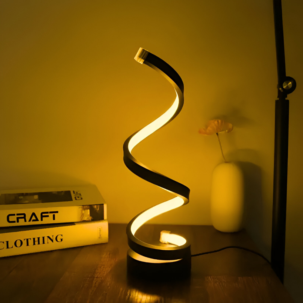 Lampe de bureau LED noire au design spirale moderne, éclairage ajustable 3 couleurs et confort visuel.