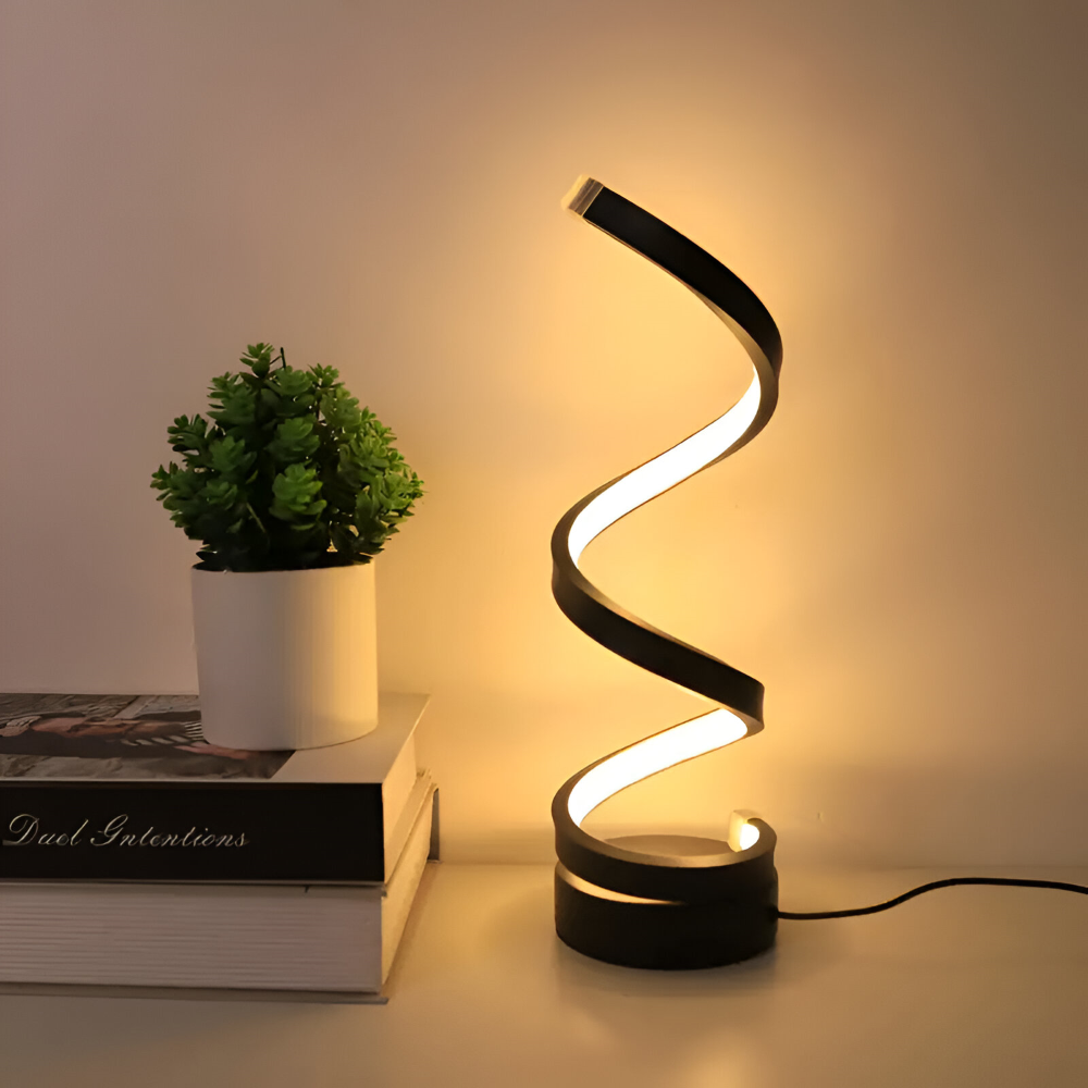 Luminaire de bureau LED spirale, lumière ajustable 3 couleurs pour ambiance et lecture.