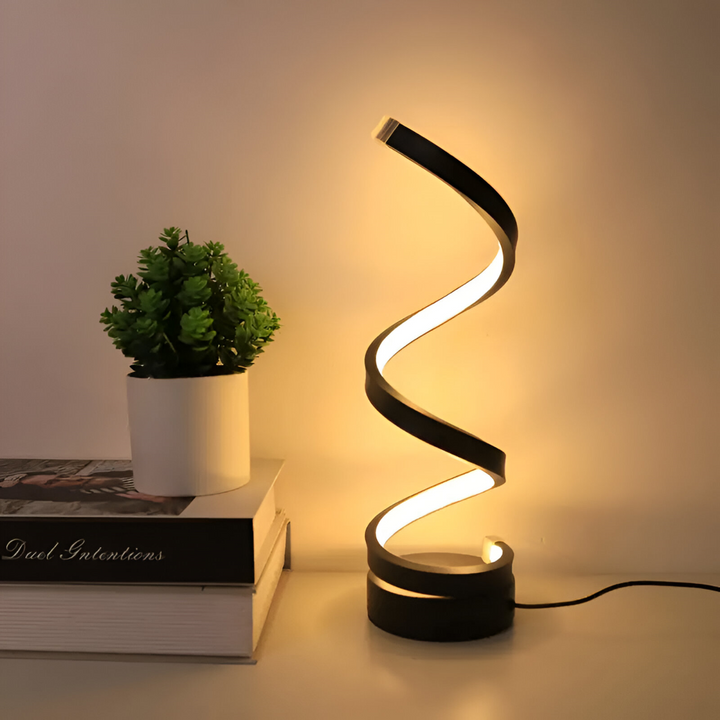 Luminaire de bureau LED spirale, lumière ajustable 3 couleurs pour ambiance et lecture.