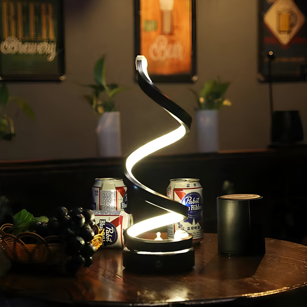 Lampe LED spirale noire, design moderne, parfaite pour bureau, offre 3 types de lumière.