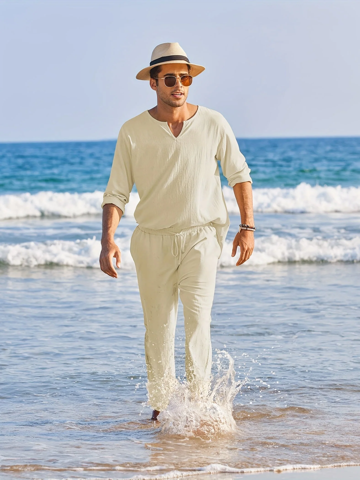 Ensemble de vacances homme 2 pièces, casual. Chemise fluide manches longues et pantalon droit pour la plage.