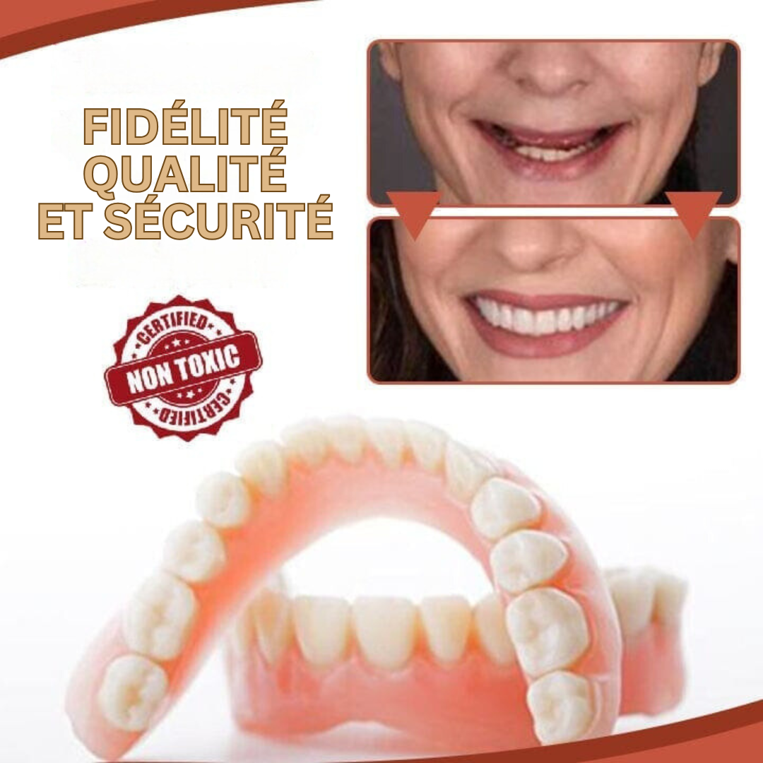 Doublure SmileGuard pour prothèses dentaires, assurant confort buccal et bien-être quotidien pour une meilleure vie.