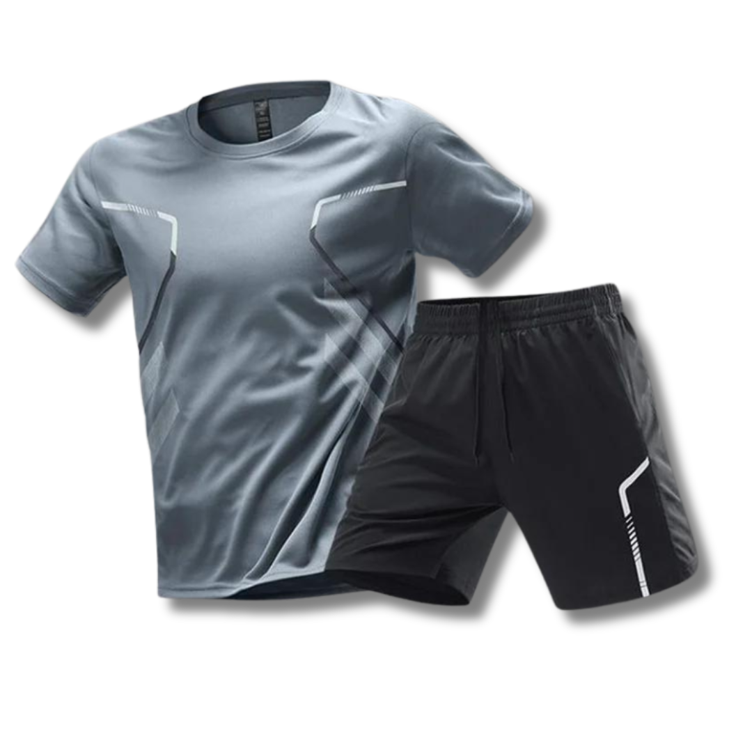 Détail tissu respirant et séchage rapide de l'ensemble sport homme. Confort & performance pour entraînement.