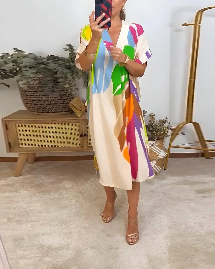 Robe femme décontractée et élégante, coupe fluide, imprimé feuillage. Idéale pour le printemps et l'été.