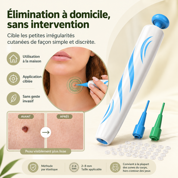 Les composants du kit DermaLinx pour l'élimination des verrues, grains de beauté et soin de la peau.