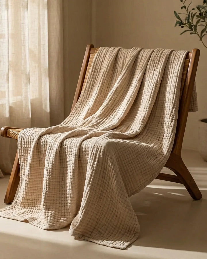 Jeté de lit en coton respirant, élégant et naturel, ajoute une touche de confort à votre chambre.