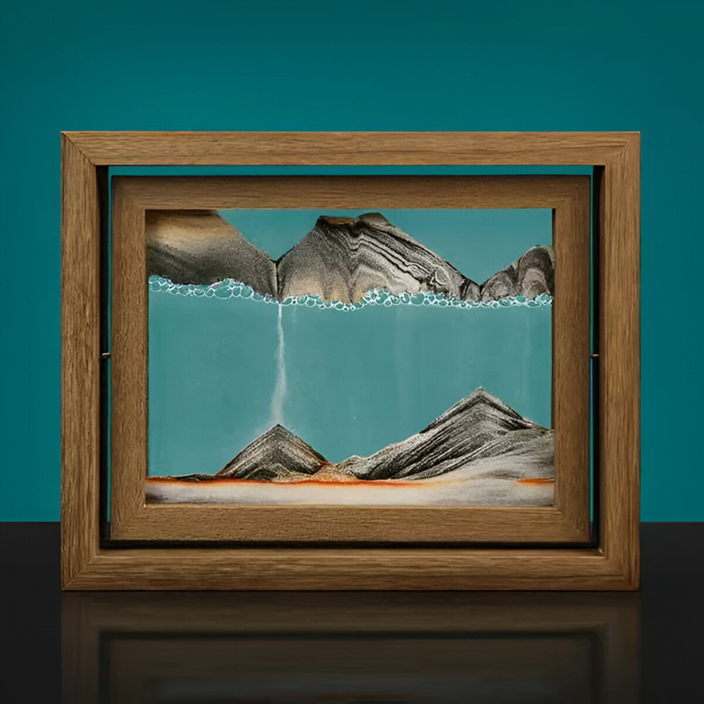 Cadre avec sable cinétique pour une relaxation visuelle continue, objet décoratif zen.