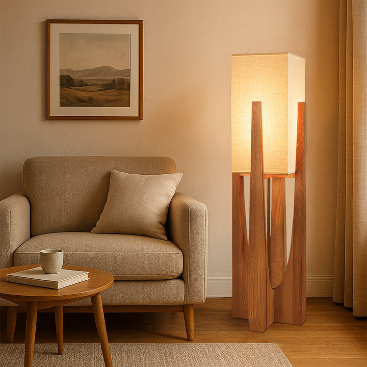 Splendide lampe japonaise sur pied, mélange de bois brut et tissu aérien, apporte une lumière subtile.