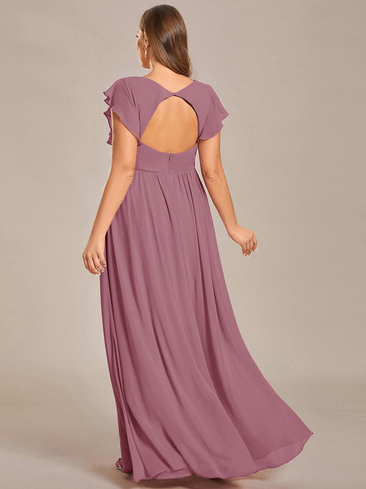 Robe fluide, dos ouvert, col en V. Élégante pour demoiselle d'honneur, longue et pour cérémonie maxi.