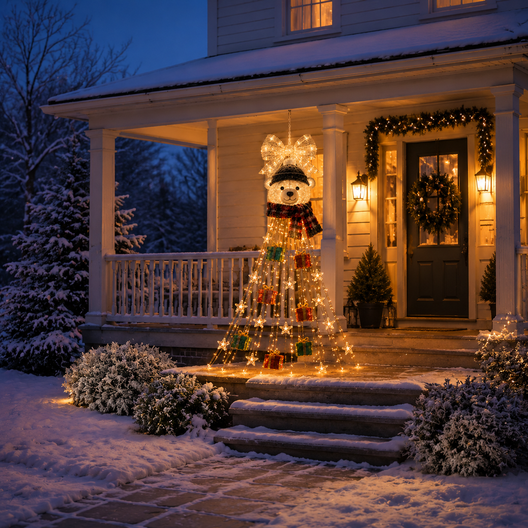 Ours polaire de Noël scintillant et étoilé, décoration lumineuse pour une ambiance hivernale et festive parfaite.