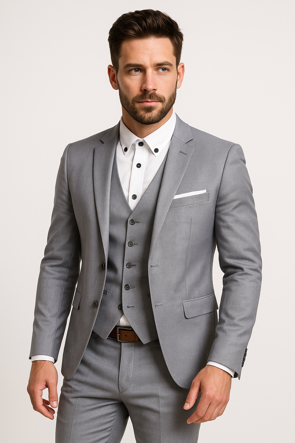 Ensemble costume 3 pièces homme élégant : blazer, gilet et pantalon. Idéal pour cérémonie, mariage ou affaires.