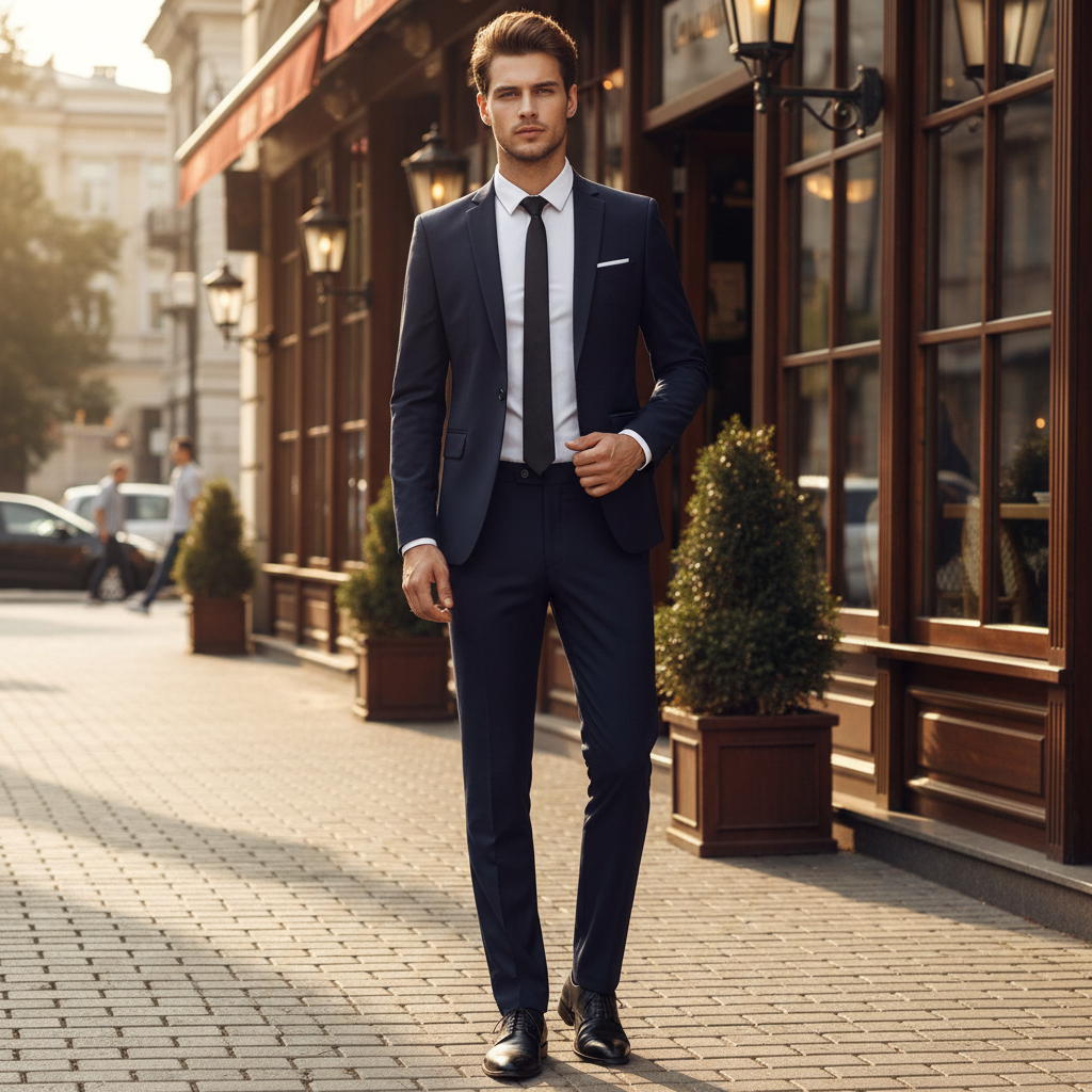 Costume homme élégant bleu foncé, idéal pour événements formels et professionnels avec coupe confortable.