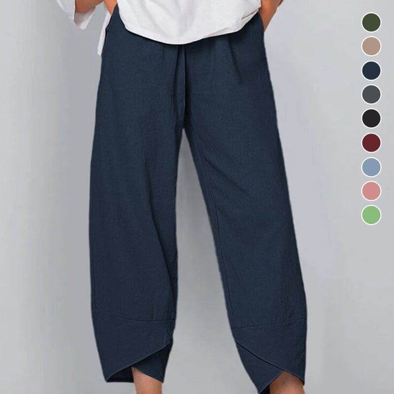 Pantalon femme vintage asymétrique taille haute fluide avec poches, parfait pour l'été chic.