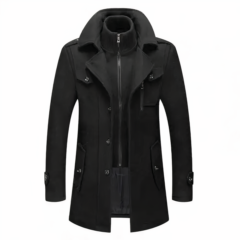 Manteau homme hiver long élégant, coupe ajustée, col double pour chaleur optimale et style chic.