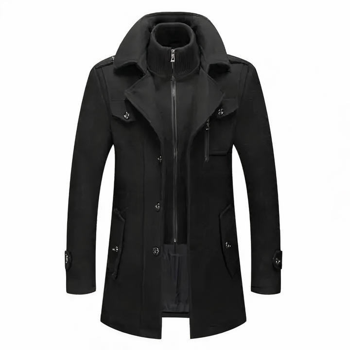 Manteau homme hiver long élégant, coupe ajustée, col double pour chaleur optimale et style chic.