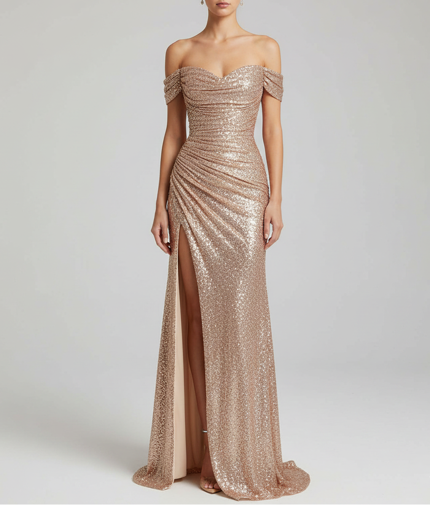 Robe de soirée femme longue et étincelante, avec des paillettes, un décolleté cœur et une fente latérale.