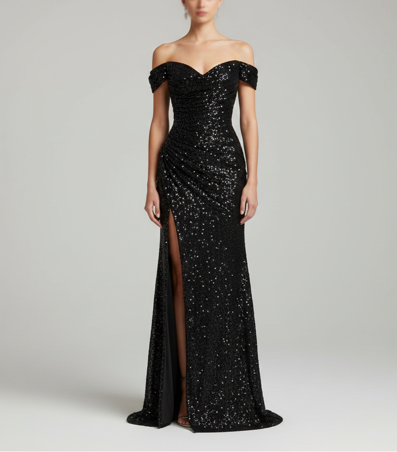 Robe de soirée longue femme, pailletée, décolleté cœur, fente latérale, pour gala. Élégance scintillante.