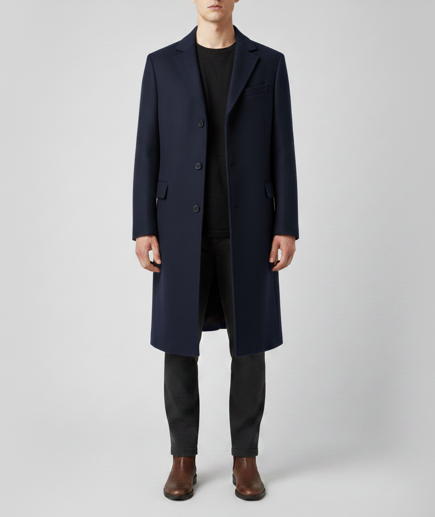 Manteau homme élégant slim fit bleu marine. Style hivernal raffiné, coupe ajustée mode masculine.