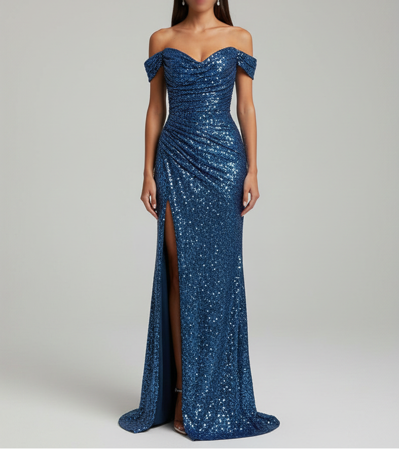 Robe femme longue élégante pailletée, idéale pour soirée et gala, avec décolleté cœur et fente sur la jambe.
