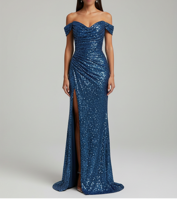 Robe femme longue élégante pailletée, idéale pour soirée et gala, avec décolleté cœur et fente sur la jambe.