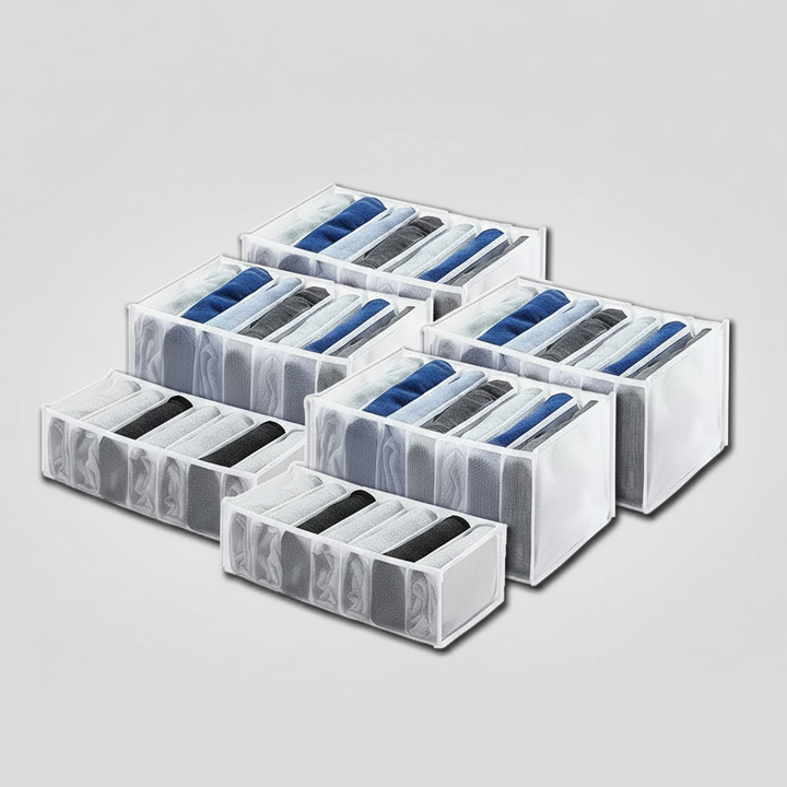 Organisateur de placard pliable pour vêtements, idéal rangement sans-plis dans tiroir de chambre ou dressing. Gain d'espace.