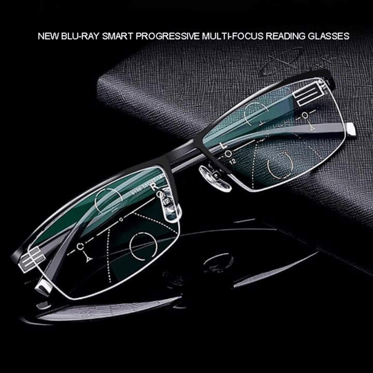 Monture moderne de lunettes multifocales, technologie anti-lumière bleue pour un usage quotidien optimal.