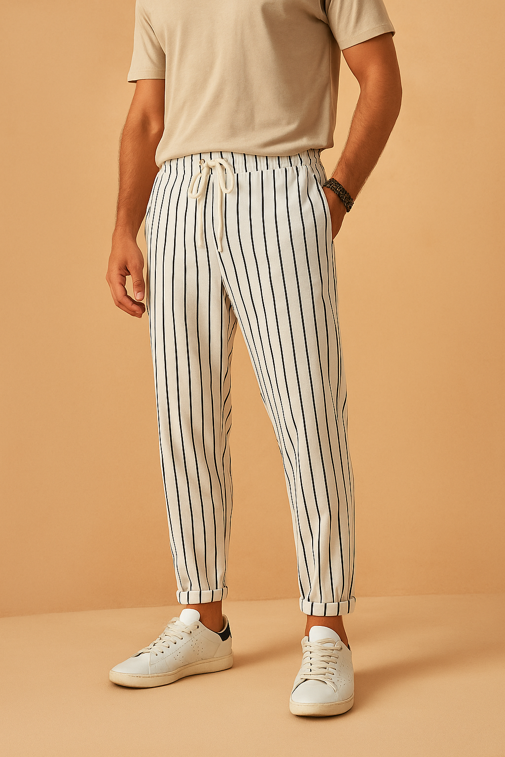 Pantalon homme en lin rayé, coupe décontractée estivale. Taille élastiquée, léger et respirant pour l'été.