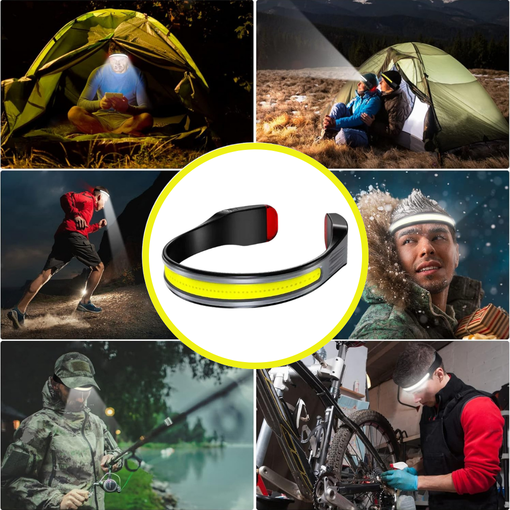 Lampe frontale LED rechargeable et étanche, faisceau 230°. Idéale pour camping, randonnée et sport extérieur.