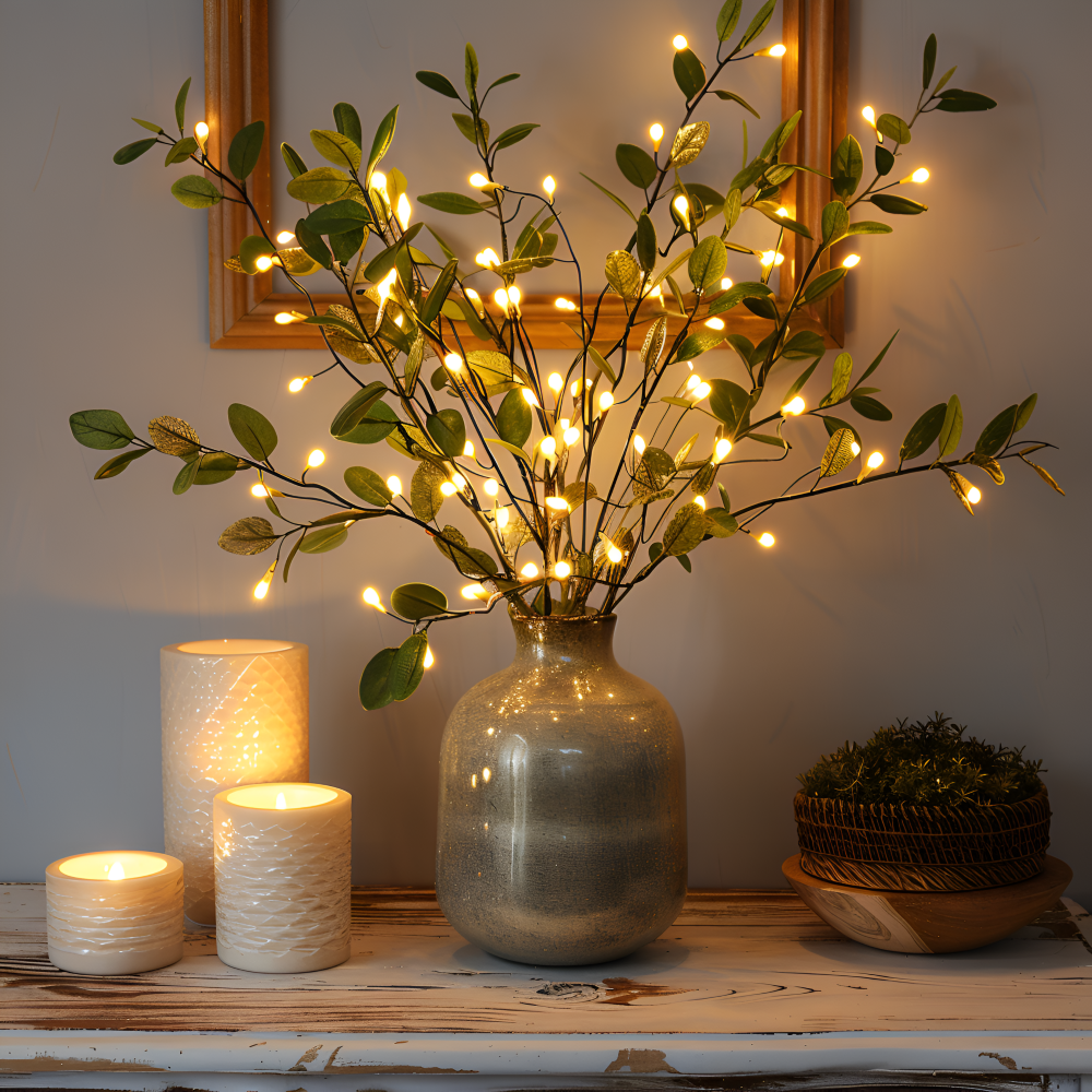 Branches lumineuses LED scintillantes créant une ambiance chaleureuse. Décoration intérieure élégante.